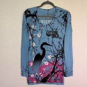 Christian Audigier Crystal Rock Top Womens Medium Crane Blossom Y2K Tunic Shirt